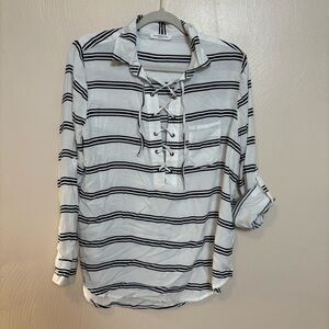 Beach Lunch Lounge Womens Gia Nautical Stripe Lace Up Top White Blue Size Medium